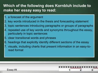 Which of the following does Kornbluh include to
make her essay easy to read:
1. a forecast of the argument
2. key words introduced in the thesis and forecasting statement
3. topic sentences introducing paragraphs or groups of paragraphs
4. repeated use of key words and synonyms throughout the essay,
particularly in topic sentences
5. clear transitional words and phrases
6. headings that explicitly identify different sections of the essay
7. visuals, including charts that present information in an easy-to-
read format
1. a forecast of the argument
2. key words introduced in the thesis and forecasting statement
3. topic sentences introducing paragraphs or groups of paragraphs
4. repeated use of key words and synonyms throughout the essay,
particularly in topic sentences
5. clear transitional words and phrases
6. headings that explicitly identify different sections of the essay
7. visuals, including charts that present information in an easy-to-
read format
Essay #4
 