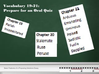 Vocabulary 19-21:
Prepare for an Oral Quiz
Basic Features of a Proposing Solutions Essay
 