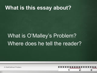 What is this essay about?

What is O’Malley’s Problem?
Where does he tell the reader?

A Well-Defined Problem

 