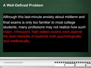 A Well-Defined Problem
Although this last-minute anxiety about midterm and
final exams is only too familiar to most college
students, many professors may not realize how such
major, infrequent, high-stakes exams work against
the best interests of students both psychologically
and intellectually.

A Clearly Described Solution

 