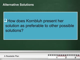 Alternative Solutions

How does Kornbluh present her
solution as preferable to other possible
solutions?

A Readable Plan

 