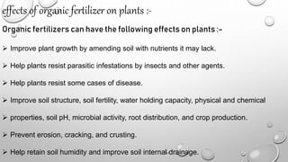effects of organic fertilizer on plants :-
Organic fertilizers can have the following effects on plants :-
 Improve plant growth by amending soil with nutrients it may lack.
 Help plants resist parasitic infestations by insects and other agents.
 Help plants resist some cases of disease.
 Improve soil structure, soil fertility, water holding capacity, physical and chemical
 properties, soil pH, microbial activity, root distribution, and crop production.
 Prevent erosion, cracking, and crusting.
 Help retain soil humidity and improve soil internal drainage.
 
