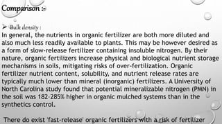 Comparison :-
 Bulk density :
In general, the nutrients in organic fertilizer are both more diluted and
also much less readily available to plants. This may be however desired as
a form of slow-release fertilizer containing insoluble nitrogen. By their
nature, organic fertilizers increase physical and biological nutrient storage
mechanisms in soils, mitigating risks of over-fertilization. Organic
fertilizer nutrient content, solubility, and nutrient release rates are
typically much lower than mineral (inorganic) fertilizers. A University of
North Carolina study found that potential mineralizable nitrogen (PMN) in
the soil was 182–285% higher in organic mulched systems than in the
synthetics control.
There do exist 'fast-release' organic fertilizers with a risk of fertilizer
 