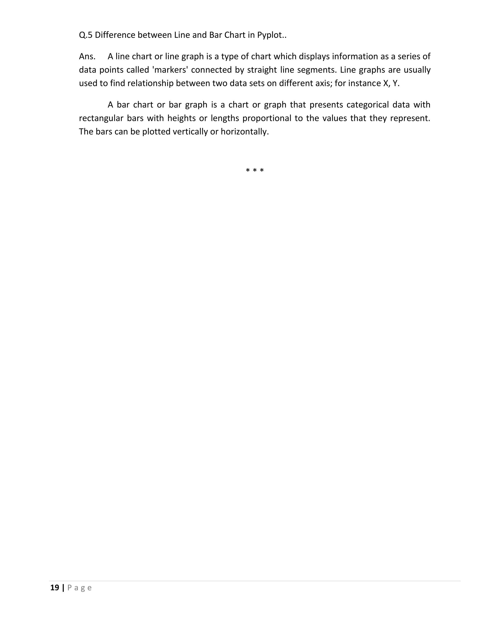 19 | P a g e Q.5 Difference between Line and Bar Chart in Pyplot.. Ans. A line chart or line graph is a type of chart which displays information as a series of data points called 'markers' connected by straight line segments. Line graphs are usually used to find relationship between two data sets on different axis; for instance X, Y. A bar chart or bar graph is a chart or graph that presents categorical data with rectangular bars with heights or lengths proportional to the values that they represent. The bars can be plotted vertically or horizontally. * * * 