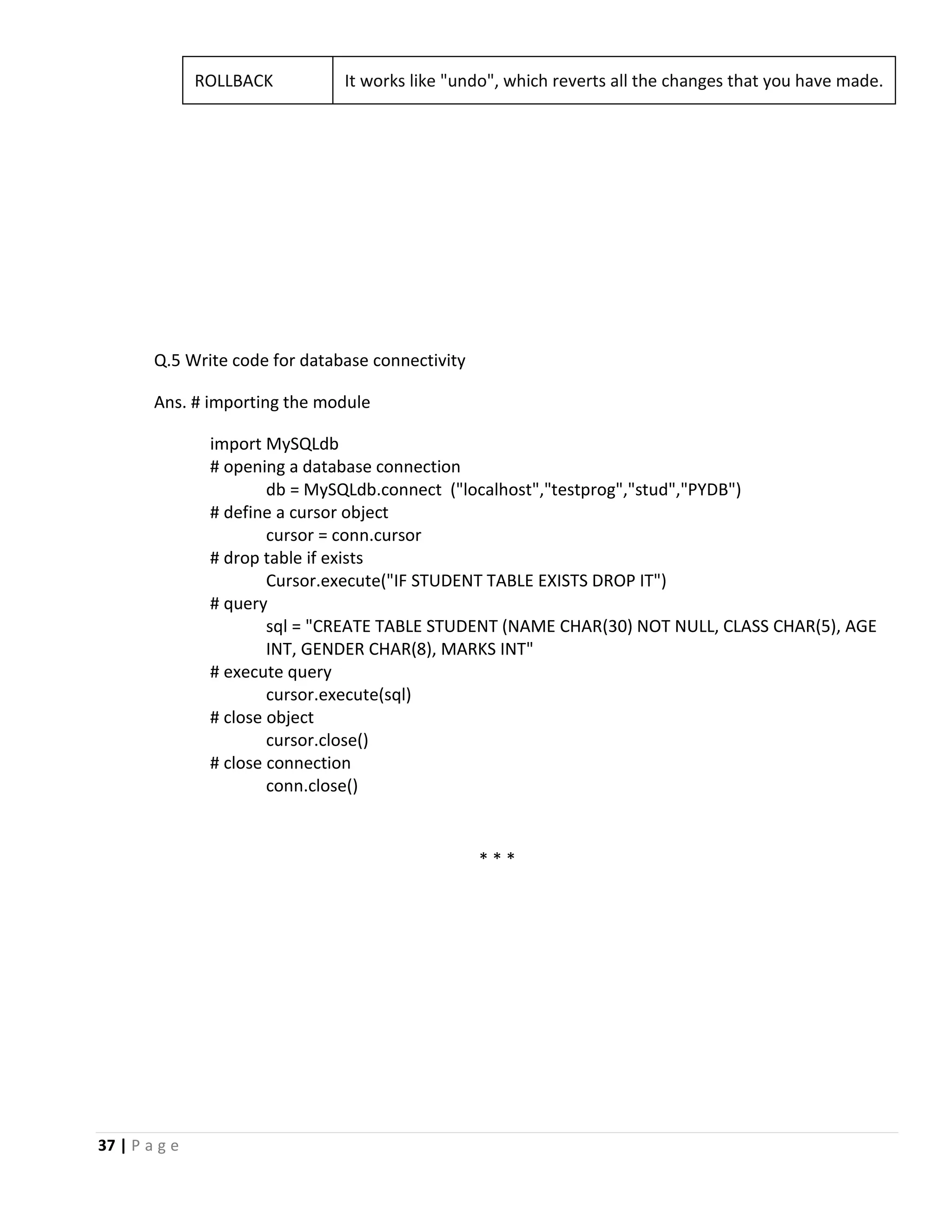 37 | P a g e Q.5 Write code for database connectivity Ans. # importing the module import MySQLdb # opening a database connection db = MySQLdb.connect ("localhost","testprog","stud","PYDB") # define a cursor object cursor = conn.cursor # drop table if exists Cursor.execute("IF STUDENT TABLE EXISTS DROP IT") # query sql = "CREATE TABLE STUDENT (NAME CHAR(30) NOT NULL, CLASS CHAR(5), AGE INT, GENDER CHAR(8), MARKS INT" # execute query cursor.execute(sql) # close object cursor.close() # close connection conn.close() * * * ROLLBACK It works like "undo", which reverts all the changes that you have made. 