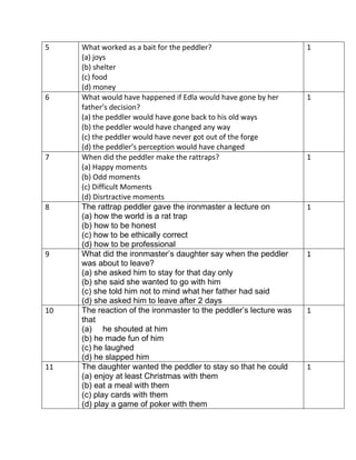 5 What worked as a bait for the peddler?
(a) joys
(b) shelter
(c) food
(d) money
1
6 What would have happened if Edla would have gone by her
fathers decision?
(a) the peddler would have gone back to his old ways
(b) the peddler would have changed any way
(c) the peddler would have never got out of the forge
(d) the peddlers perception would have changed
1
7 When did the peddler make the rattraps?
(a) Happy moments
(b) Odd moments
(c) Difficult Moments
(d) Disrtractive moments
1
8 The rattrap peddler gave the ironmaster a lecture on
(a) how the world is a rat trap
(b) how to be honest
(c) how to be ethically correct
(d) how to be professional
1
9 What did the ironmasters daughter say when the peddler
was about to leave?
(a) she asked him to stay for that day only
(b) she said she wanted to go with him
(c) she told him not to mind what her father had said
(d) she asked him to leave after 2 days
1
10 The reaction of the ironmaster to the peddlers lecture was
that
(a) he shouted at him
(b) he made fun of him
(c) he laughed
(d) he slapped him
1
11 The daughter wanted the peddler to stay so that he could
(a) enjoy at least Christmas with them
(b) eat a meal with them
(c) play cards with them
(d) play a game of poker with them
1
 