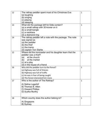 12 The rattrap peddler spent most of his Christmas Eve
(a) laughing
(b) singing
(c) playing
(d) sleeping
1
13 What did the package left for Edla contain?
(a) a small rattrap with 30 kroner on it
(b) a small bangle
(c) a necklace
(d) a diamond ring
1
14 The rattrap peddler left a note with the package. The note
was signed as
(a) the peddler
(b) the thief
(c) the tramp
(d) captain Von Stahle
1
15 Where did the ironmaster and his daughter learn that the
peddler was a thief?
(a) at the church
(b) at the market
(c) at a play
(d) in the house of a friend
1
16 Why did the peddler turn to the forest?
(a) Highway was full of thieves
(b) Highway was full of traffic
(c) He was in fear of being caught
(d) The forest interested him more
1
17 Who is the author of The Rattrap?
A) Selma Lagerlof
B) Thomas B. Allen
C) Howard Phillips
D) Sudha Murthy
1
18 Which country does the author belong to?
A) Singapore
B) Sydney
1
 