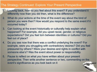The Strategy Continued: Explore Your Present Perspective
1. Looking back, how do you feel about this event? If you understand it
differently now than you did then, what is the difference?
2. What do your actions at the time of the event say about the kind of
person you were then? How would you respond to the same event if it
occurred today?
3. Can looking at the event historically or culturally help explain what
happened? For example, did you upset racial, gender, or religious
expectations? Did you feel torn between identities or cultures? Did you
feel out of place?
4. Do you see now that there was a conflict underlying the event? For
example, were you struggling with contradictory desires? Did you feel
pressured by others? Were your desires and rights in conflict with
someone else’s? Was the event about power or responsibility.
5. Pause to reflect on what you have written about your present
perspective. Then write another sentence or two, commenting on the
event’s significance as you look back on it
 