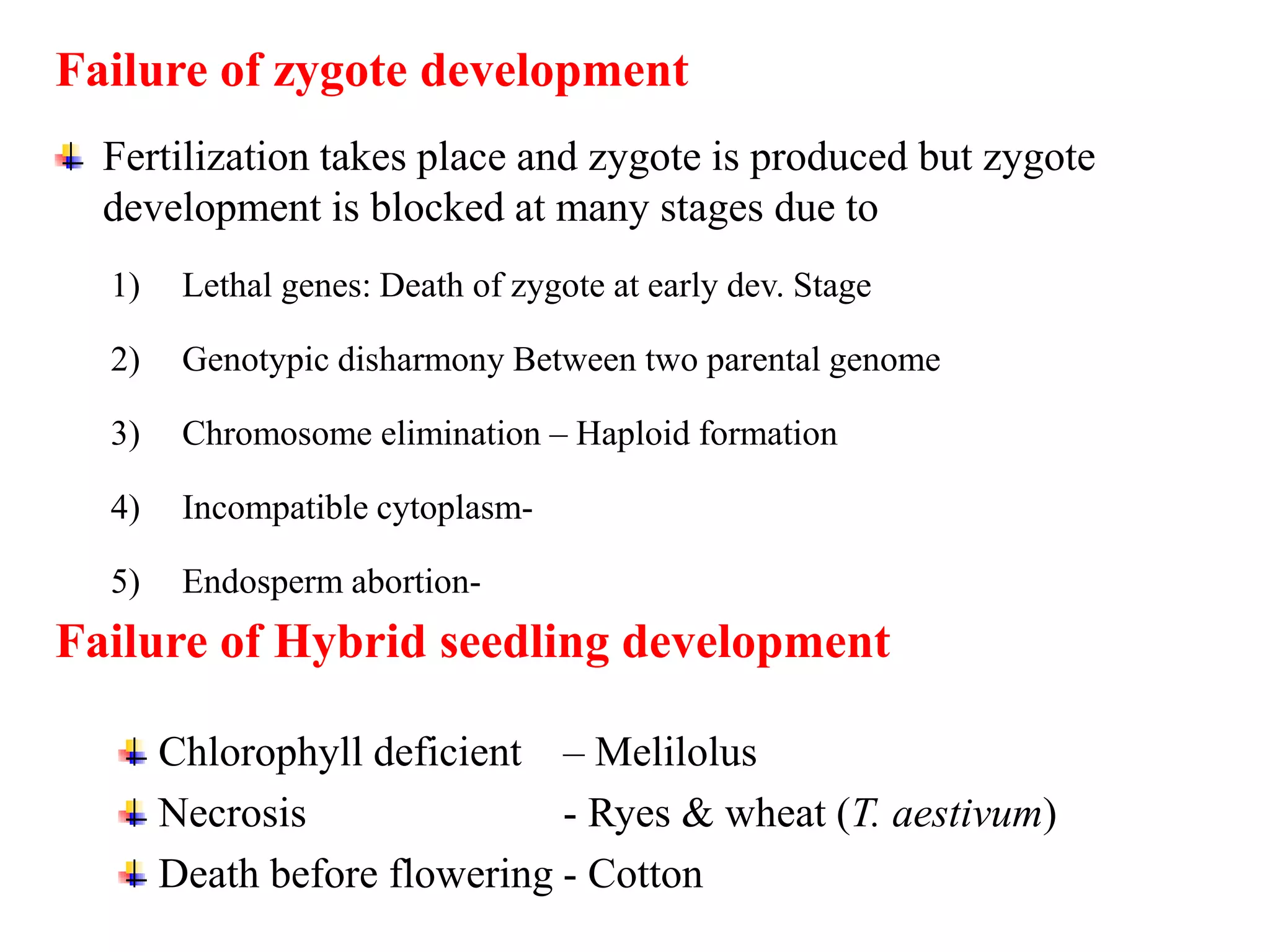 Failure of zygote development
Fertilization takes place and zygote is produced but zygote
development is blocked at many stages due to
1) Lethal genes: Death of zygote at early dev. Stage
2) Genotypic disharmony Between two parental genome
3) Chromosome elimination – Haploid formation
4) Incompatible cytoplasm-
5) Endosperm abortion-
Failure of Hybrid seedling development
Chlorophyll deficient – Melilolus
Necrosis - Ryes & wheat (T. aestivum)
Death before flowering - Cotton
 