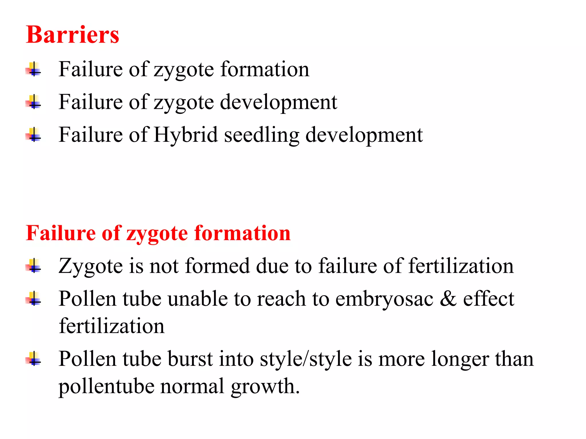 Barriers
Failure of zygote formation
Failure of zygote development
Failure of Hybrid seedling development
Failure of zygote formation
Zygote is not formed due to failure of fertilization
Pollen tube unable to reach to embryosac & effect
fertilization
Pollen tube burst into style/style is more longer than
pollentube normal growth.
 