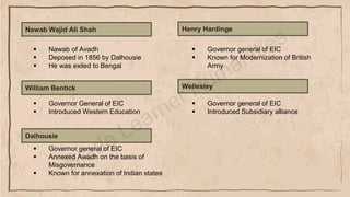 Nawab Wajid Ali Shah
▪ Governor general of EIC
▪ Known for Modernization of British
Army
William Bentick
▪ Governor General of EIC
▪ Introduced Western Education
Dalhousie
▪ Governor general of EIC
▪ Annexed Awadh on the basis of
Misgovernance
▪ Known for annexation of Indian states
Henry Hardinge
▪ Nawab of Avadh
▪ Deposed in 1856 by Dalhousie
▪ He was exiled to Bengal
▪ Governor general of EIC
▪ Introduced Subsidiary alliance
Wellesley
 