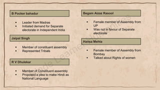 B Pocker bahadur
▪ Female member of Assembly from
UP
▪ Was not in favour of Separate
electorate
Jaipal Singh
▪ Member of constituent assembly
▪ Represented Tribals
R V Dhulekar
▪ Member of Constituent assembly
▪ Proposed a plea to make Hindi as
National Language
Begam Aizaz Rasool
▪ Leader from Madras
▪ Initiated demand for Separate
electorate in Independent India
▪ Female member of Assembly from
Bombay
▪ Talked about Rights of women
Hansa Mehta
 