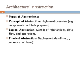6
Architectural abstraction
 Types of Abstractions:
 Conceptual Abstraction: High-level overview (e.g.,
components and their purposes).
 Logical Abstraction: Details of relationships, data
flow, and operations.
 Physical Abstraction: Deployment details (e.g.,
servers, containers).
 