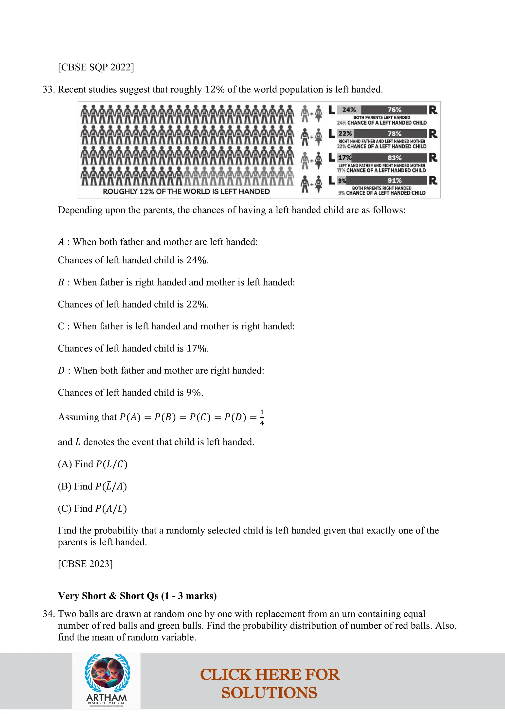 [CBSE SQP 2022]
33. Recent studies suggest that roughly 12% of the world population is left handed.
Depending upon the parents, the chances of having a left handed child are as follows:
𝐴 : When both father and mother are left handed:
Chances of left handed child is 24%.
𝐵 : When father is right handed and mother is left handed:
Chances of left handed child is 22%.
C : When father is left handed and mother is right handed:
Chances of left handed child is 17%.
𝐷 : When both father and mother are right handed:
Chances of left handed child is 9%.
Assuming that 𝑃(𝐴) = 𝑃(𝐵) = 𝑃(𝐶) = 𝑃(𝐷) =
1
4
and 𝐿 denotes the event that child is left handed.
(A) Find 𝑃(𝐿/𝐶)
(B) Find 𝑃(𝐿
‾/𝐴)
(C) Find 𝑃(𝐴/𝐿)
Find the probability that a randomly selected child is left handed given that exactly one of the
parents is left handed.
[CBSE 2023]
Very Short & Short Qs (1 - 3 marks)
34. Two balls are drawn at random one by one with replacement from an urn containing equal
number of red balls and green balls. Find the probability distribution of number of red balls. Also,
find the mean of random variable.
CLICK HERE FOR
SOLUTIONS
 