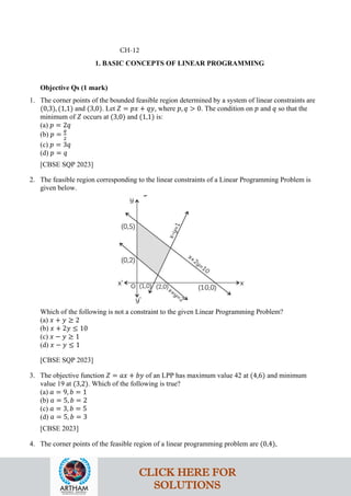 1. BASIC CONCEPTS OF LINEAR PROGRAMMING
Objective Qs (1 mark)
1. The corner points of the bounded feasible region determined by a system of linear constraints are
(0,3), (1,1) and (3,0). Let 𝑍 = 𝑝𝑥 + 𝑞𝑦, where 𝑝, 𝑞 > 0. The condition on 𝑝 and 𝑞 so that the
minimum of 𝑍 occurs at (3,0) and (1,1) is:
(a) 𝑝 = 2𝑞
(b) 𝑝 =
𝑞
2
(c) 𝑝 = 3𝑞
(d) 𝑝 = 𝑞
[CBSE SQP 2023]
2. The feasible region corresponding to the linear constraints of a Linear Programming Problem is
given below.
Which of the following is not a constraint to the given Linear Programming Problem?
(a) 𝑥 + 𝑦 ≥ 2
(b) 𝑥 + 2𝑦 ≤ 10
(c) 𝑥 − 𝑦 ≥ 1
(d) 𝑥 − 𝑦 ≤ 1
[CBSE SQP 2023]
3. The objective function 𝑍 = 𝑎𝑥 + 𝑏𝑦 of an LPP has maximum value 42 at (4,6) and minimum
value 19 at (3,2). Which of the following is true?
(a) 𝑎 = 9, 𝑏 = 1
(b) 𝑎 = 5, 𝑏 = 2
(c) 𝑎 = 3, 𝑏 = 5
(d) 𝑎 = 5, 𝑏 = 3
[CBSE 2023]
4. The corner points of the feasible region of a linear programming problem are (0,4),
CH-12
CLICK HERE FOR
SOLUTIONS
 