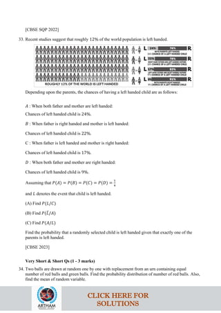 [CBSE SQP 2022]
33. Recent studies suggest that roughly 12% of the world population is left handed.
Depending upon the parents, the chances of having a left handed child are as follows:
𝐴 : When both father and mother are left handed:
Chances of left handed child is 24%.
𝐵 : When father is right handed and mother is left handed:
Chances of left handed child is 22%.
C : When father is left handed and mother is right handed:
Chances of left handed child is 17%.
𝐷 : When both father and mother are right handed:
Chances of left handed child is 9%.
Assuming that 𝑃(𝐴) = 𝑃(𝐵) = 𝑃(𝐶) = 𝑃(𝐷) =
1
4
and 𝐿 denotes the event that child is left handed.
(A) Find 𝑃(𝐿/𝐶)
(B) Find 𝑃(𝐿
‾/𝐴)
(C) Find 𝑃(𝐴/𝐿)
Find the probability that a randomly selected child is left handed given that exactly one of the
parents is left handed.
[CBSE 2023]
Very Short & Short Qs (1 - 3 marks)
34. Two balls are drawn at random one by one with replacement from an urn containing equal
number of red balls and green balls. Find the probability distribution of number of red balls. Also,
find the mean of random variable.
CLICK HERE FOR
SOLUTIONS
 
