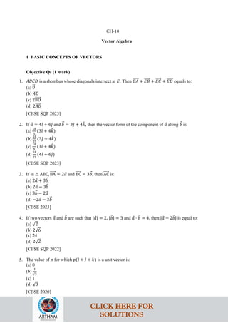 Vector Algebra
1. BASIC CONCEPTS OF VECTORS
Objective Qs (1 mark)
1. 𝐴𝐵𝐶𝐷 is a rhombus whose diagonals intersect at 𝐸. Then 𝐸𝐴
�����⃗ + 𝐸𝐵
�����⃗ + 𝐸𝐶
�����⃗ + 𝐸𝐷
�����⃗ equals to:
(a) 0
�⃗
(b) 𝐴𝐷
�����⃗
(c) 2BD
�����⃗
(d) 2𝐴𝐷
�����⃗
[CBSE SQP 2023]
2. If 𝑎
⃗ = 4𝚤
ˆ + 6𝚥
ˆ and 𝑏
�⃗ = 3𝚥
ˆ + 4𝑘
ˆ, then the vector form of the component of 𝑎
⃗ along 𝑏
�⃗ is:
(a)
18
5
(3𝚤
ˆ + 4𝑘
ˆ)
(b)
18
25
(3𝚥
ˆ + 4𝑘
ˆ)
(c)
18
5
(3𝚤
ˆ + 4𝑘
ˆ)
(d)
18
25
(4𝚤
ˆ + 6𝚥
ˆ)
[CBSE SQP 2023]
3. If in △ ABC, BA
�����⃗ = 2𝑎
⃗ and BC
�����⃗ = 3𝑏
�⃗, then AC
�����⃗ is:
(a) 2𝑎
⃗ + 3𝑏
�⃗
(b) 2𝑎
⃗ − 3𝑏
�⃗
(c) 3𝑏
�⃗ − 2𝑎
⃗
(d) −2𝑎
⃗ − 3𝑏
�⃗
[CBSE 2023]
4. If two vectors 𝑎
⃗ and 𝑏
�⃗ are such that |𝑎
⃗| = 2, |𝑏
�⃗| = 3 and 𝑎
⃗ ⋅ 𝑏
�⃗ = 4, then |𝑎
⃗ − 2𝑏
�⃗| is equal to:
(a) √2
(b) 2√6
(c) 24
(d) 2√2
[CBSE SQP 2022]
5. The value of 𝑝 for which 𝑝(𝚤
ˆ + 𝚥
ˆ + 𝑘
ˆ) is a unit vector is:
(a) 0
(b)
1
√3
(c) 1
(d) √3
[CBSE 2020]
CH-10
CLICK HERE FOR
SOLUTIONS
 