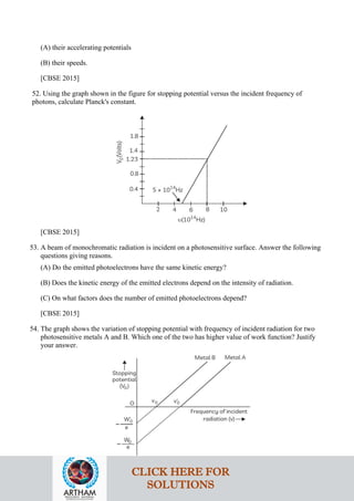 (A) their accelerating potentials
(B) their speeds.
[CBSE 2015]
52. Using the graph shown in the figure for stopping potential versus the incident frequency of
photons, calculate Planck's constant.
[CBSE 2015]
53. A beam of monochromatic radiation is incident on a photosensitive surface. Answer the following
questions giving reasons.
(A) Do the emitted photoelectrons have the same kinetic energy?
(B) Does the kinetic energy of the emitted electrons depend on the intensity of radiation.
(C) On what factors does the number of emitted photoelectrons depend?
[CBSE 2015]
54. The graph shows the variation of stopping potential with frequency of incident radiation for two
photosensitive metals A and B. Which one of the two has higher value of work function? Justify
your answer.
CLICK HERE FOR
SOLUTIONS
 
