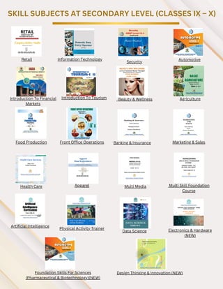 SKILL SUBJECTS AT SECONDARY LEVEL (CLASSES IX – X)
Retail Information Technology
Security
Automotive
Introduction To Financial
Markets
Introduction To Tourism Beauty & Wellness Agriculture
Food Production Front Office Operations Banking & Insurance Marketing & Sales
Health Care Apparel Multi Media Multi Skill Foundation
Course
Artificial Intelligence
Physical Activity Trainer
Data Science Electronics & Hardware
(NEW)
Design Thinking & Innovation (NEW)
Foundation Skills For Sciences
(Pharmaceutical & Biotechnology)(NEW)
 