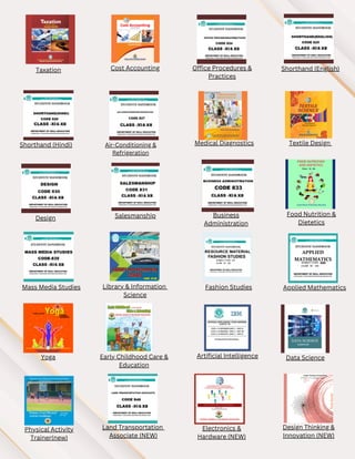 Taxation Cost Accounting Office Procedures &
Practices
Shorthand (English)
Shorthand (Hindi) Air-Conditioning &
Refrigeration
Medical Diagnostics Textile Design
Design Salesmanship Business
Administration
Food Nutrition &
Dietetics
Mass Media Studies Library & Information
Science
Fashion Studies Applied Mathematics
Yoga Early Childhood Care &
Education
Artificial Intelligence Data Science
Physical Activity
Trainer(new)
Land Transportation
Associate (NEW)
Electronics &
Hardware (NEW)
Design Thinking &
Innovation (NEW)
 