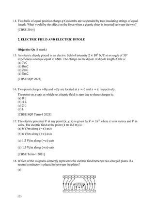 14. Two balls of equal positive charge 𝑞𝑞 Coulombs are suspended by two insulating strings of equal
length. What would be the effect on the force when a plastic sheet is inserted between the two?
[CBSE 2014]
2. ELECTRIC FIELD AND ELECTRIC DIPOLE
Objective Qs (1 mark)
15. An electric dipole placed in an electric field of intensity 2 × 105
N/C at an angle of 30∘
experiences a torque equal to 4Nm. The charge on the dipole of dipole length 2 cm is:
(a) 7𝜇𝜇C
(b) 8mC
(c) 2mC
(d) 5mC
[CBSE SQP 2023]
16. Two point charges +8𝑞𝑞 and −2𝑞𝑞 are located at 𝑥𝑥 = 0 and 𝑥𝑥 = 𝐿𝐿 respectively.
The point on 𝑥𝑥-axis at which net electric field is zero due to these charges is:
(a) 8 L
(b) 4 L
(c) 2 L
(d) L
[CBSE SQP Term-1 2021]
17. The electric potential 𝑉𝑉 at any point (𝑥𝑥, 𝑦𝑦, 𝑧𝑧) is given by 𝑉𝑉 = 3𝑥𝑥2
where 𝑥𝑥 is in metres and 𝑉𝑉 in
volts. The electric field at the point (1 m, 0.2 m) is:
(a) 6 V/m along (−𝑥𝑥)-axis
(b) 6 V/m along (+𝑥𝑥)-axis
(c) 1.5 V/m along (−𝑥𝑥)-axis
(d) 1.5 V/m along (+𝑥𝑥)-axis
[CBSE Term-1 2021]
18. Which of the diagrams correctly represents the electric field between two charged plates if a
neutral conductor is placed in between the plates?
(a)
(b)
 