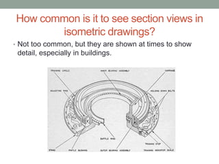 How common is it to see section views in
       isometric drawings?
• Not too common, but they are shown at times to show
 detail, especially in buildings.
 