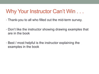 Why Your Instructor Can’t Win . . .
• Thank-you to all who filled out the mid-term survey.


• Don’t like the instructor showing drawing examples that
 are in the book

• Best / most helpful is the instructor explaining the
 examples in the book
 