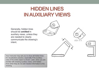 HIDDEN LINES
                        IN AUXILIARY VIEWS

      Generally, hidden lines
      should be omitted in
      auxiliary views, unless they
      are needed to clearly
      communicate the drawing’s
      intent.




Your instructor may ask you to show all hidden lines
for visualization practice, especially if the auxiliary
view of the entire object is shown. Later, when you are
familiar with drawing auxiliary views, omit hidden
lines when they do not add needed information to the
drawing.
 