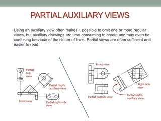 PARTIAL AUXILIARY VIEWS
Using an auxiliary view often makes it possible to omit one or more regular
views, but auxiliary drawings are time consuming to create and may even be
confusing because of the clutter of lines. Partial views are often sufficient and
easier to read.
 