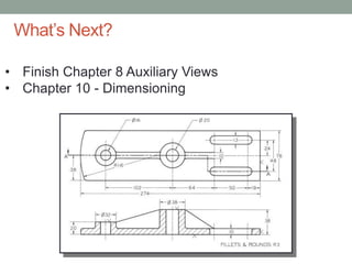 What’s Next?

• Finish Chapter 8 Auxiliary Views
• Chapter 10 - Dimensioning
 