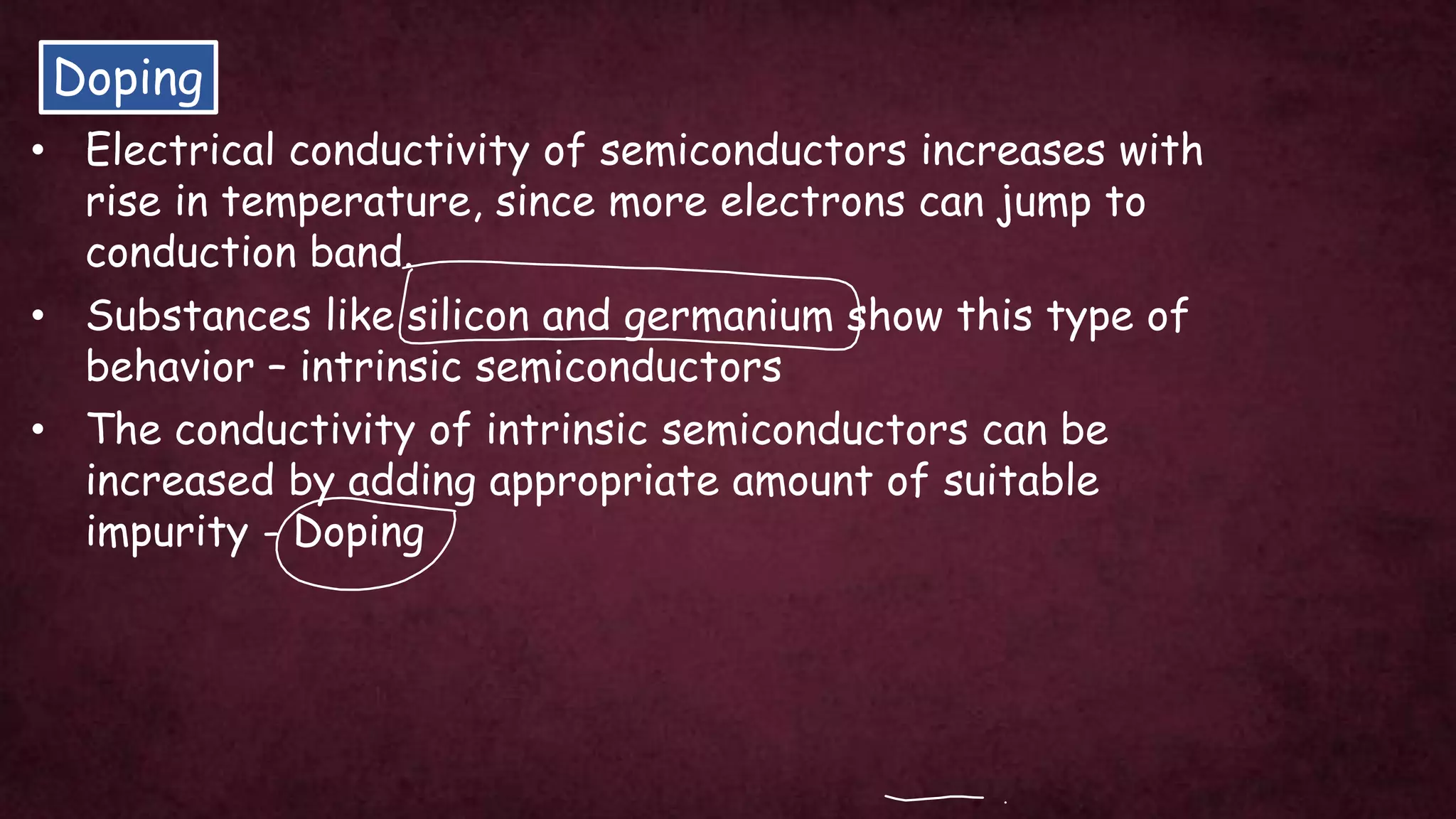 Doping
• The conductivity of intrinsic semiconductors can be
increased by adding appropriate amount of suitable
impurity - Doping
• Electrical conductivity of semiconductors increases with
rise in temperature, since more electrons can jump to
conduction band.
• Substances like silicon and germanium show this type of
behavior – intrinsic semiconductors
 