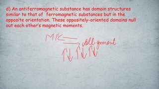 d) An antiferromagnetic substance has domain structures
similar to that of ferromagnetic substances but in the
opposite orientation. These oppositely-oriented domains null
out each other’s magnetic moments.
 