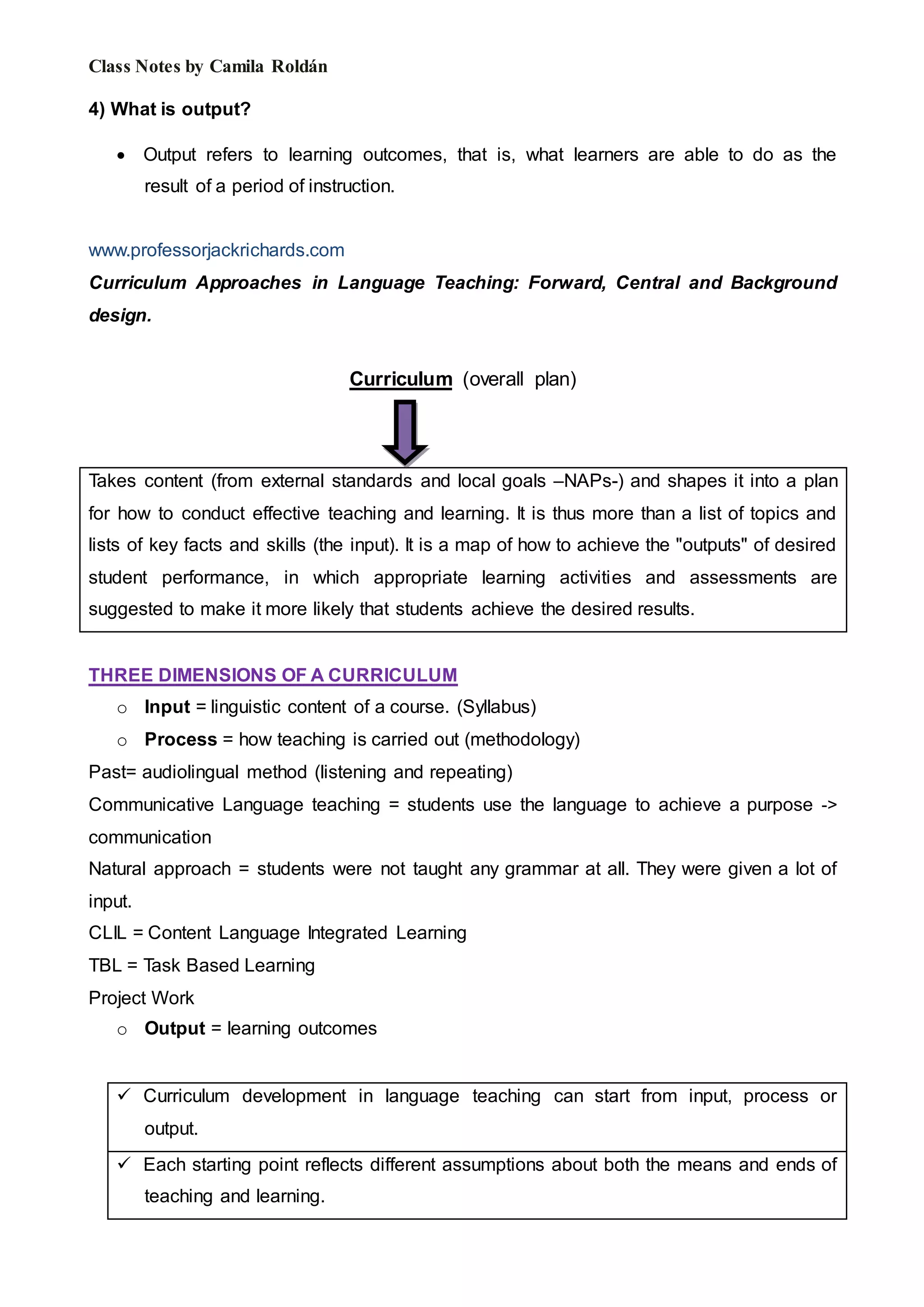Class Notes by Camila Roldán
4) What is output?
 Output refers to learning outcomes, that is, what learners are able to do as the
result of a period of instruction.
www.professorjackrichards.com
Curriculum Approaches in Language Teaching: Forward, Central and Background
design.
Curriculum (overall plan)
Takes content (from external standards and local goals –NAPs-) and shapes it into a plan
for how to conduct effective teaching and learning. It is thus more than a list of topics and
lists of key facts and skills (the input). It is a map of how to achieve the "outputs" of desired
student performance, in which appropriate learning activities and assessments are
suggested to make it more likely that students achieve the desired results.
THREE DIMENSIONS OF A CURRICULUM
o Input = linguistic content of a course. (Syllabus)
o Process = how teaching is carried out (methodology)
Past= audiolingual method (listening and repeating)
Communicative Language teaching = students use the language to achieve a purpose ->
communication
Natural approach = students were not taught any grammar at all. They were given a lot of
input.
CLIL = Content Language Integrated Learning
TBL = Task Based Learning
Project Work
o Output = learning outcomes
 Curriculum development in language teaching can start from input, process or
output.
 Each starting point reflects different assumptions about both the means and ends of
teaching and learning.
 