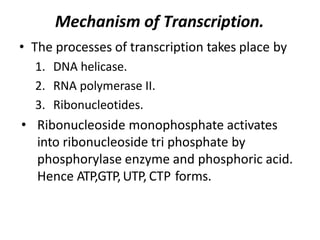 Mechanism of Transcription.
• The processes of transcription takes place by
1. DNA helicase.
2. RNA polymerase II.
3. Ribonucleotides.
• Ribonucleoside monophosphate activates
into ribonucleoside tri phosphate by
phosphorylase enzyme and phosphoric acid.
Hence ATP,GTP,UTP, CTP forms.
 