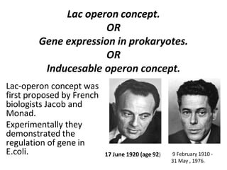 Lac operon concept.
OR
Gene expression in prokaryotes.
OR
Inducesable operon concept.
Lac-operon concept was
first proposed by French
biologists Jacob and
Monad.
Experimentally they
demonstrated the
regulation of gene in
E.coli. 17 June 1920 (age 92) 9 February 1910 -
31 May , 1976.
 