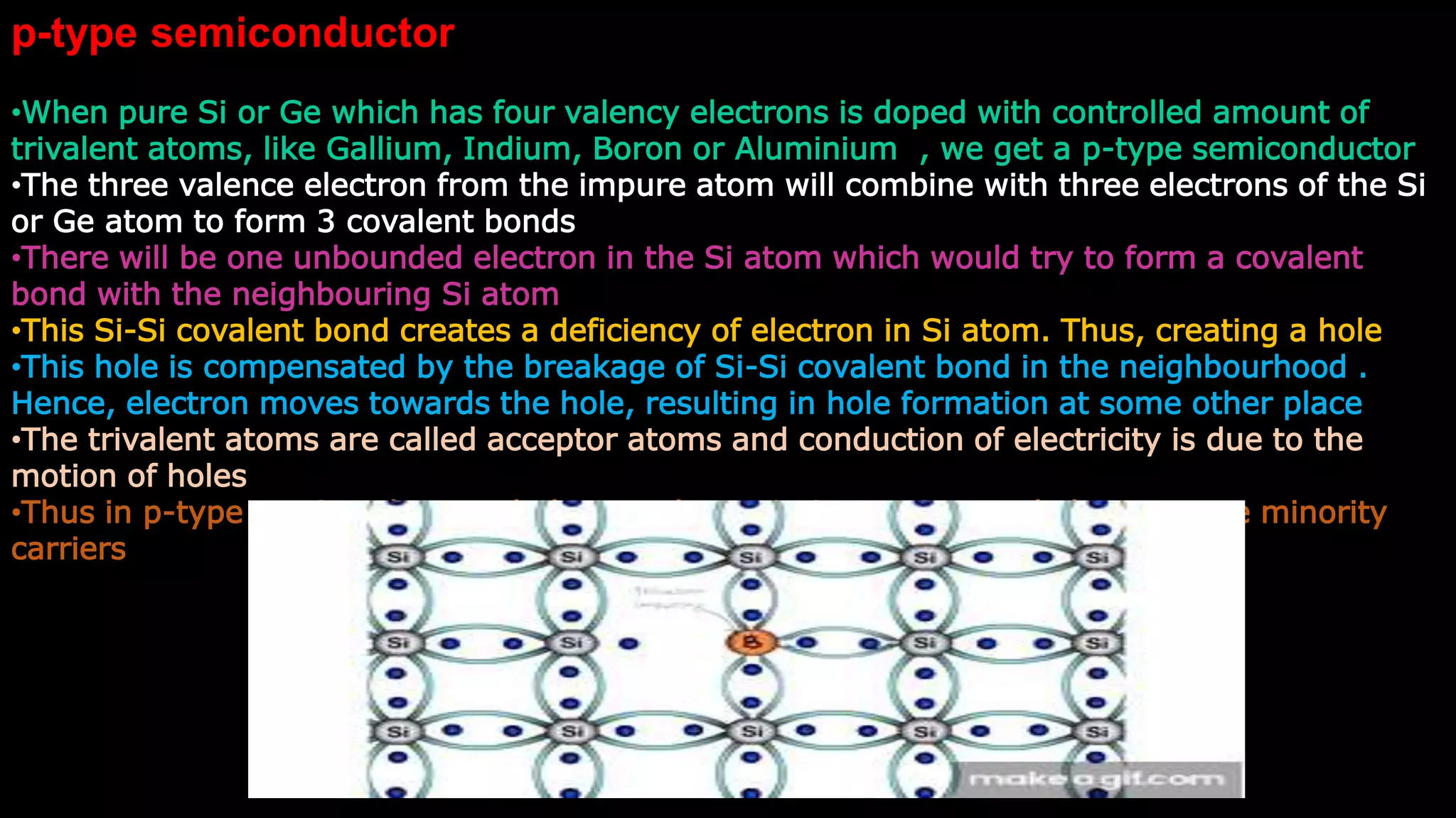 p-type semiconductor
•When pure Si or Ge which has four valency electrons is doped with controlled amount of
trivalent atoms, like Gallium, Indium, Boron or Aluminium , we get a p-type semiconductor
•The three valence electron from the impure atom will combine with three electrons of the Si
or Ge atom to form 3 covalent bonds
•There will be one unbounded electron in the Si atom which would try to form a covalent
bond with the neighbouring Si atom
•This Si-Si covalent bond creates a deficiency of electron in Si atom. Thus, creating a hole
•This hole is compensated by the breakage of Si-Si covalent bond in the neighbourhood .
Hence, electron moves towards the hole, resulting in hole formation at some other place
•The trivalent atoms are called acceptor atoms and conduction of electricity is due to the
motion of holes
•Thus in p-type semiconductors, holes are the majority carriers and electrons are minority
carriers
 