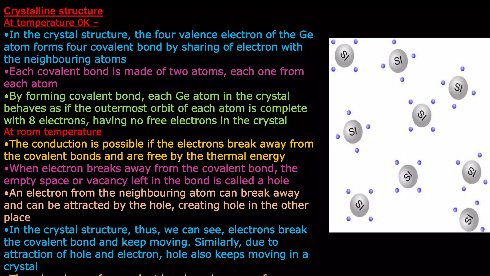 Crystalline structure
At temperature 0K –
•In the crystal structure, the four valence electron of the Ge
atom forms four covalent bond by sharing of electron with
the neighbouring atoms
•Each covalent bond is made of two atoms, each one from
each atom
•By forming covalent bond, each Ge atom in the crystal
behaves as if the outermost orbit of each atom is complete
with 8 electrons, having no free electrons in the crystal
At room temperature
•The conduction is possible if the electrons break away from
the covalent bonds and are free by the thermal energy
•When electron breaks away from the covalent bond, the
empty space or vacancy left in the bond is called a hole
•An electron from the neighbouring atom can break away
and can be attracted by the hole, creating hole in the other
place
•In the crystal structure, thus, we can see, electrons break
the covalent bond and keep moving. Similarly, due to
attraction of hole and electron, hole also keeps moving in a
crystal
 