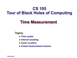 Time Measurement
Topics
 Time scales
 Interval counting
 Cycle counters
 K-best measurement scheme
time.ppt
CS 105
Tour of Black Holes of Computing
 