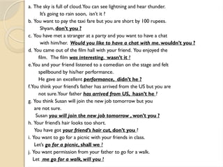 a. The sky is full of cloud.You can see lightning and hear thunder.
It’s going to rain soon, isn’t it ?
b. You want to pay the taxi fare but you are short by 100 rupees.
Shyam, don’t you ?
c. You have met a stranger at a party and you want to have a chat
with him/her. Would you like to have a chat with me, wouldn’t you ?
d. You came out of the film hall with your friend. You enjoyed the
film. The film was interesting, wasn’t it ?
e.You and your friend listened to a comedian on the stage and felt
spellbound by his/her performance.
He gave an excellent performance, didn’t he ?
f.You think your friend’s father has arrived from the US but you are
not sure.Your father has arrived from US, hasn’t he ?
g. You think Susan will join the new job tomorrow but you
are not sure.
Susan you will join the new job tomorrow , won’t you ?
h. Your friend’s hair looks too short.
You have got your friend’s hair cut, don’t you ?
i. You want to go for a picnic with your friends in class.
Let’s go for a picnic, shall we ?
j. You want permission from your father to go for a walk.
Let me go for a walk, will you ?
 