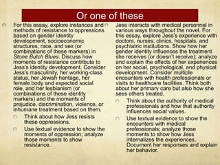 Or one of these
For this essay, explore instances and     Jess interacts with medical personnel in
methods of resistance to oppressions      various ways throughout the novel. For
based on gender identity                  this essay, explore Jess’s experience with
development, socioeconomic                doctors, nurses, clinics, hospitals, and
structures, race, and sex (or             psychiatric institutions. Show how her
combinations of these markers) in         gender identity influences the treatment
Stone Butch Blues. Discuss how            she receives (or doesn’t receive); analyze
moments of resistance contribute to       and explain the effects of her experiences
Jess’s identity development. Consider     on her social, psychological, and physical
Jess’s masculinity, her working-class     development. Consider multiple
status, her Jewish heritage, her          encounters with health professionals or
female body and expected social           visits to healthcare facilities. Think both
role, and her lesbianism (or              about her primary care but also how she
combinations of these identity            sees others treated.
markers) and the moments of                     Think about the authority of medical
prejudice, discrimination, violence, or         professionals and how that authority
inhumane treatment based on them.               influences social values.
     Think about how Jess resists               Use textual evidence to show the
     these oppressions.                         encounters with medical
     Use textual evidence to show the           professionals; analyze those
     moments of oppression; analyze             moments to show how Jess
     those moments to show                      internalizes the experiences.
     resistance.                                Document her responses and explain
                                                her behavior.
 