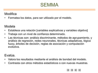 SEMMA <ul><li>Modifica </li></ul><ul><li>Formatea los datos, para ser utilizado por el modelo. </li></ul><ul><li>Modela </...