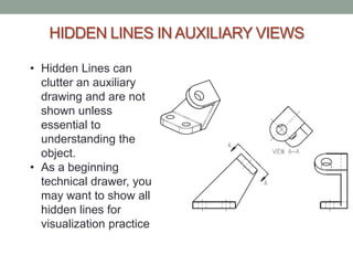 HIDDEN LINES IN AUXILIARY VIEWS

• Hidden Lines can
  clutter an auxiliary
  drawing and are not
  shown unless
  essential to
  understanding the
  object.
• As a beginning
  technical drawer, you
  may want to show all
  hidden lines for
  visualization practice
 