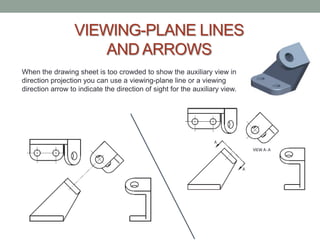 VIEWING-PLANE LINES
                      AND ARROWS
When the drawing sheet is too crowded to show the auxiliary view in
direction projection you can use a viewing-plane line or a viewing
direction arrow to indicate the direction of sight for the auxiliary view.
 