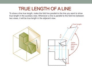 TRUE LENGTH OF A LINE
To show a line true length, make the fold line parallel to the line you want to show
true length in the auxiliary view. Whenever a line is parallel to the fold line between
two views, it will be true length in the adjacent view.
 