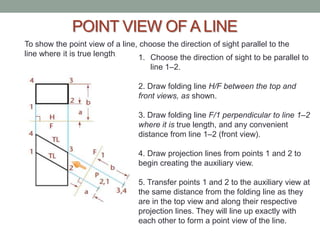 POINT VIEW OF A LINE
To show the point view of a line, choose the direction of sight parallel to the
line where it is true length.    1. Choose the direction of sight to be parallel to
                                    line 1–2.

                                 2. Draw folding line H/F between the top and
                                 front views, as shown.

                                 3. Draw folding line F/1 perpendicular to line 1–2
                                 where it is true length, and any convenient
                                 distance from line 1–2 (front view).

                                 4. Draw projection lines from points 1 and 2 to
                                 begin creating the auxiliary view.

                                 5. Transfer points 1 and 2 to the auxiliary view at
                                 the same distance from the folding line as they
                                 are in the top view and along their respective
                                 projection lines. They will line up exactly with
                                 each other to form a point view of the line.
 