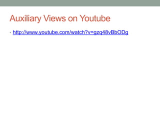Auxiliary Views on Youtube
• http://www.youtube.com/watch?v=gzq48vBbODg
 