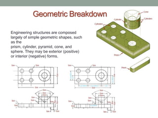 Geometric Breakdown

Engineering structures are composed
largely of simple geometric shapes, such
as the
prism, cylinder, pyramid, cone, and
sphere. They may be exterior (positive)
or interior (negative) forms.
 