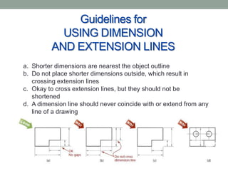 Guidelines for
           USING DIMENSION
         AND EXTENSION LINES
a. Shorter dimensions are nearest the object outline
b. Do not place shorter dimensions outside, which result in
   crossing extension lines
c. Okay to cross extension lines, but they should not be
   shortened
d. A dimension line should never coincide with or extend from any
   line of a drawing
 