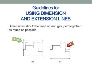 Guidelines for
          USING DIMENSION
        AND EXTENSION LINES
Dimensions should be lined up and grouped together
as much as possible.
 