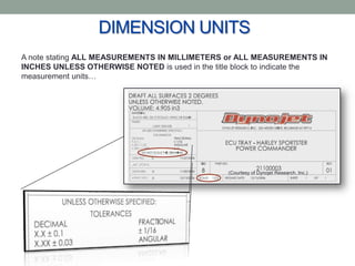 DIMENSION UNITS
A note stating ALL MEASUREMENTS IN MILLIMETERS or ALL MEASUREMENTS IN
INCHES UNLESS OTHERWISE NOTED is used in the title block to indicate the
measurement units…




                                                (Courtesy of Dynojet Research, Inc.)
 
